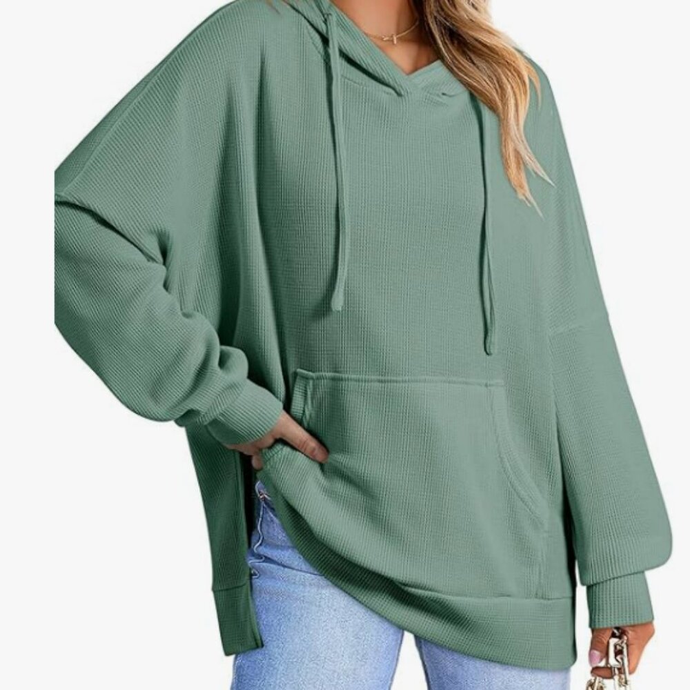 Oversized Hoodies top for Women Casual Long Sleeve Waffle Knit Drawstring  - L